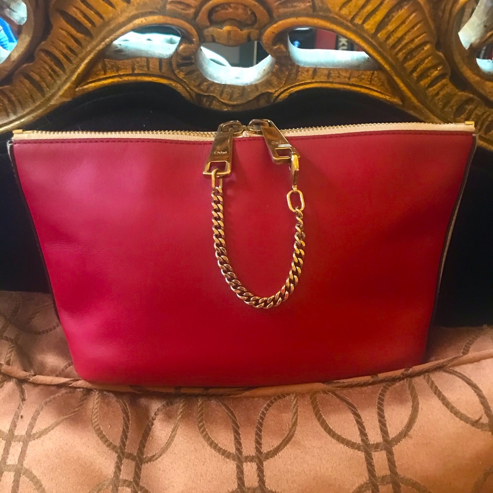 RARE NEW AUTHENTIC BIG CHLOE BAYLEE RED TAN GOLD CHAIN HANDBAG BAG 2 WAY 2 TONE